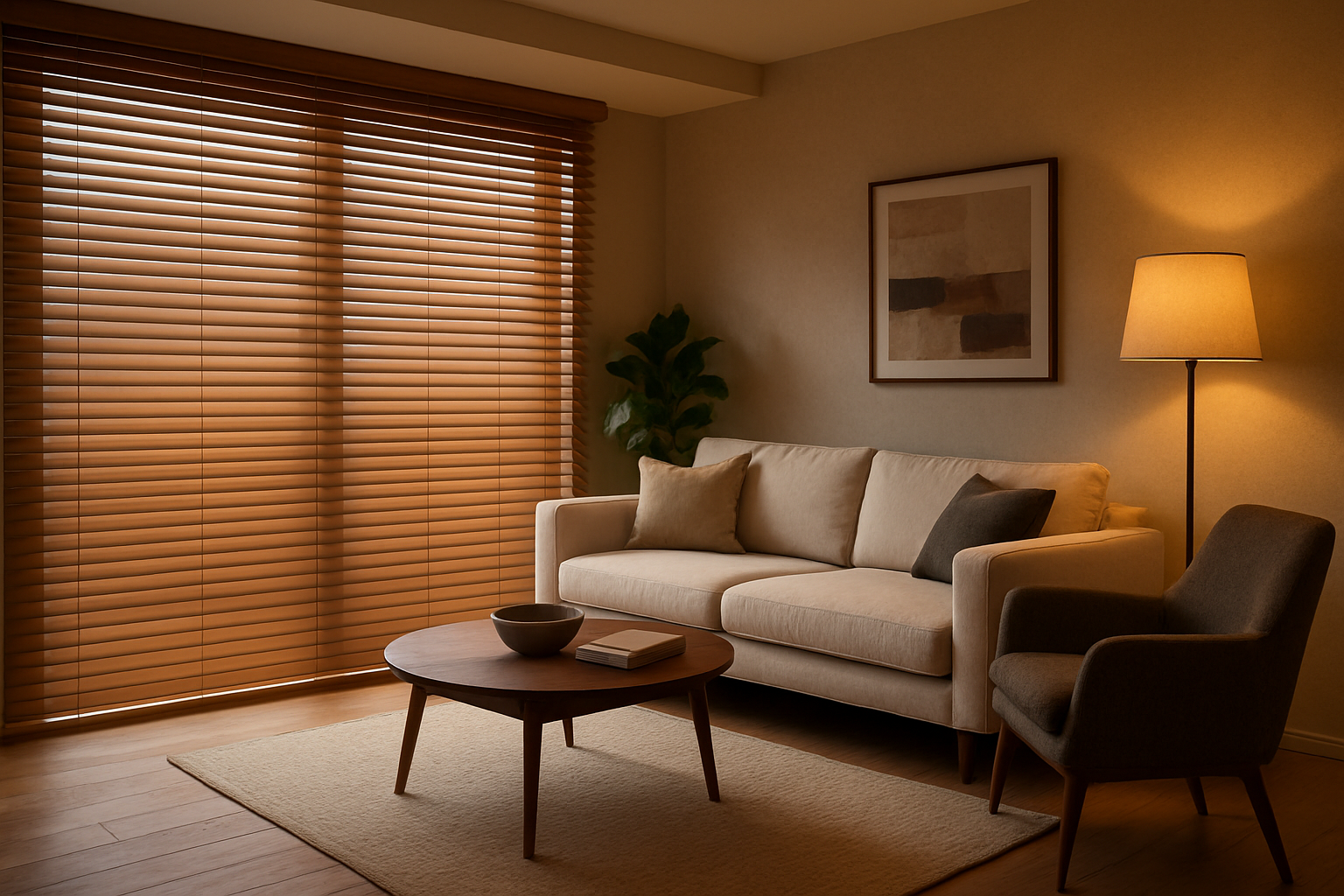 Escritório executivo com persianas de madeira e vista panorâmica