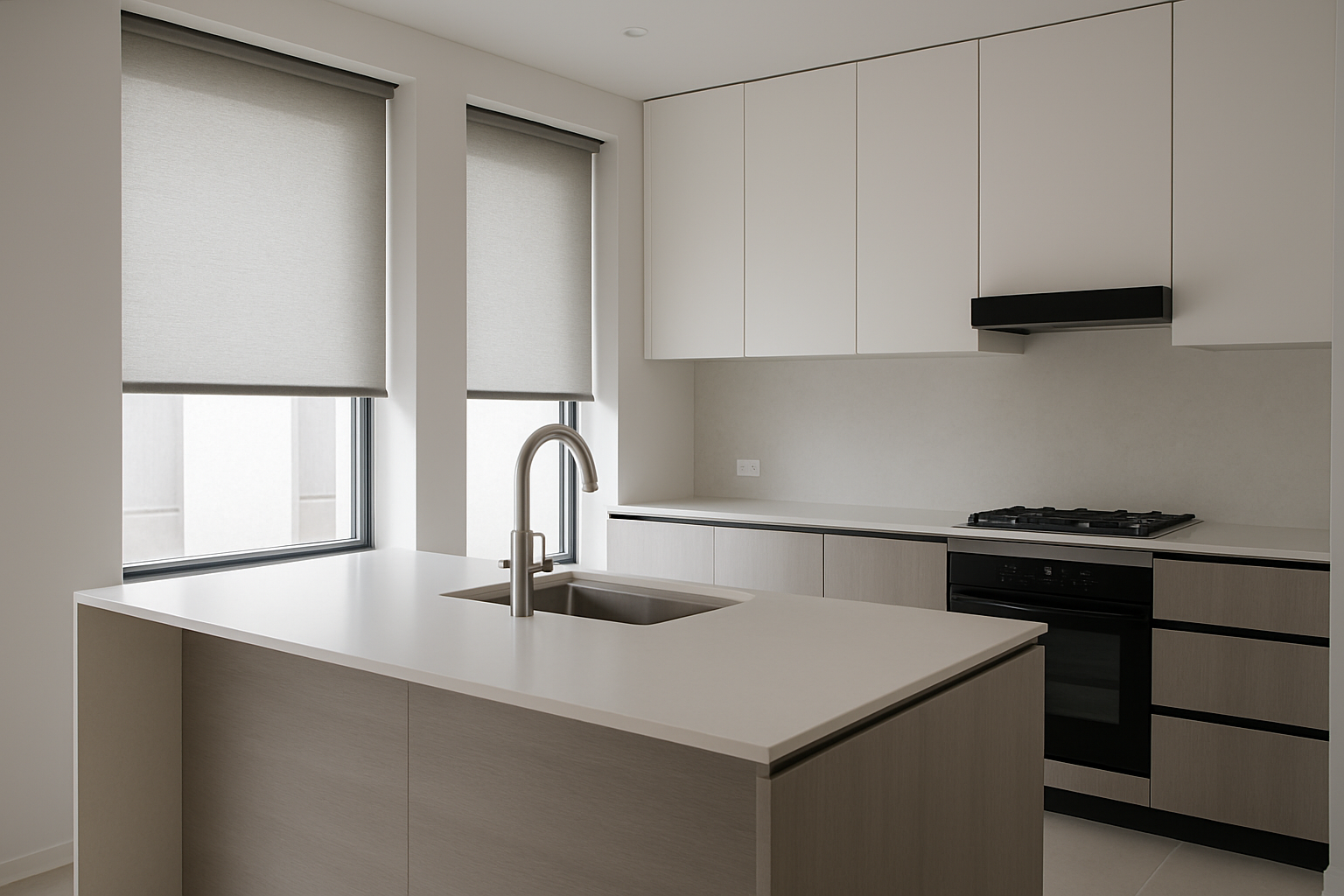 Cozinha contemporânea com persianas rolô elegantes