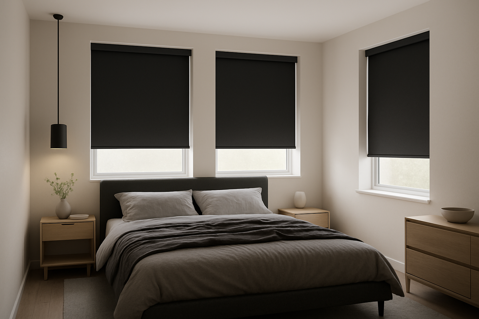 Quarto moderno com persianas blackout para controle de luz