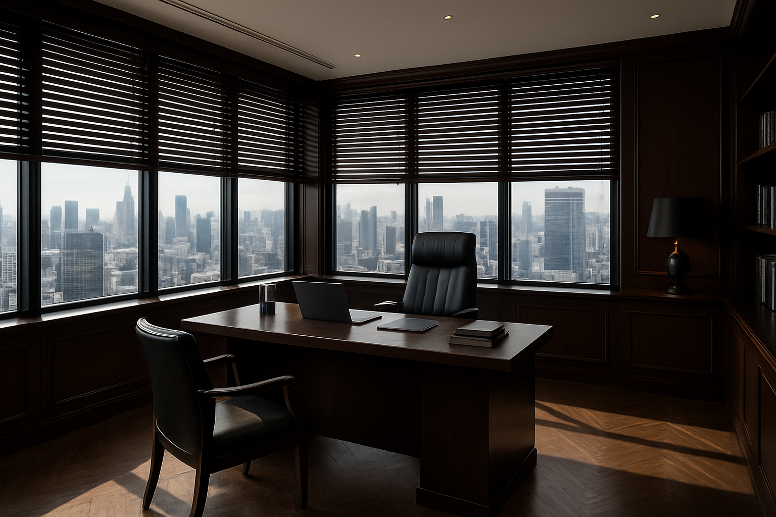 Escritório executivo com persianas de madeira e vista panorâmica