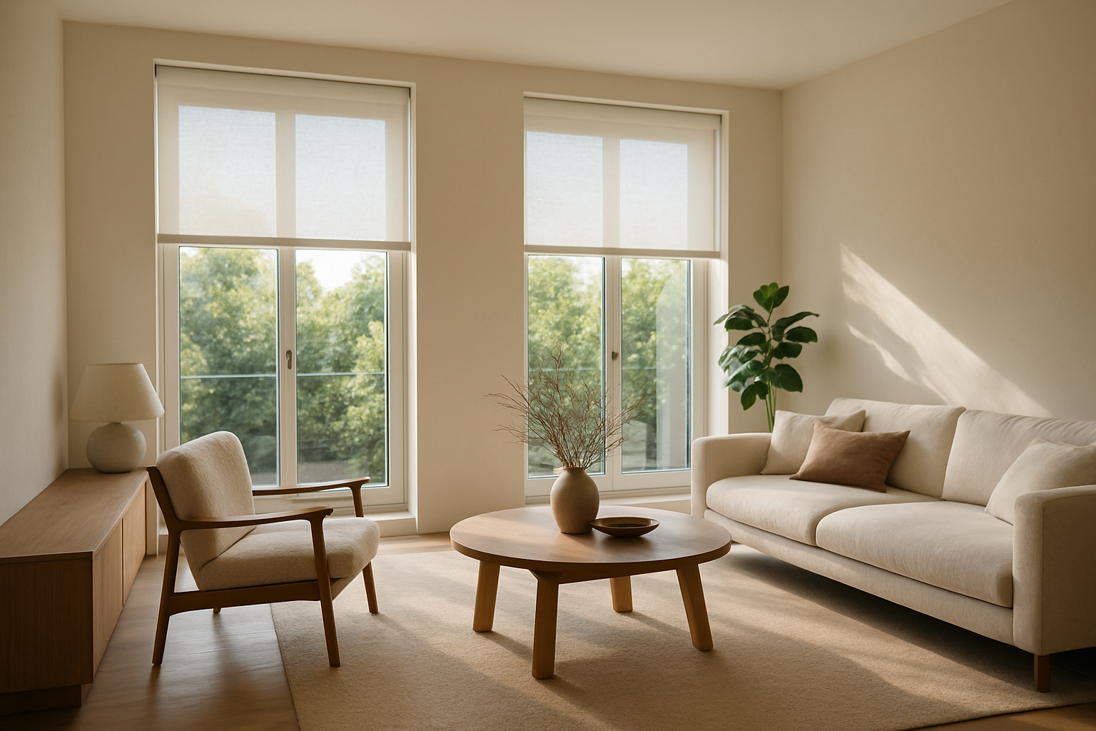 Sala moderna com persianas elegantes e iluminação natural