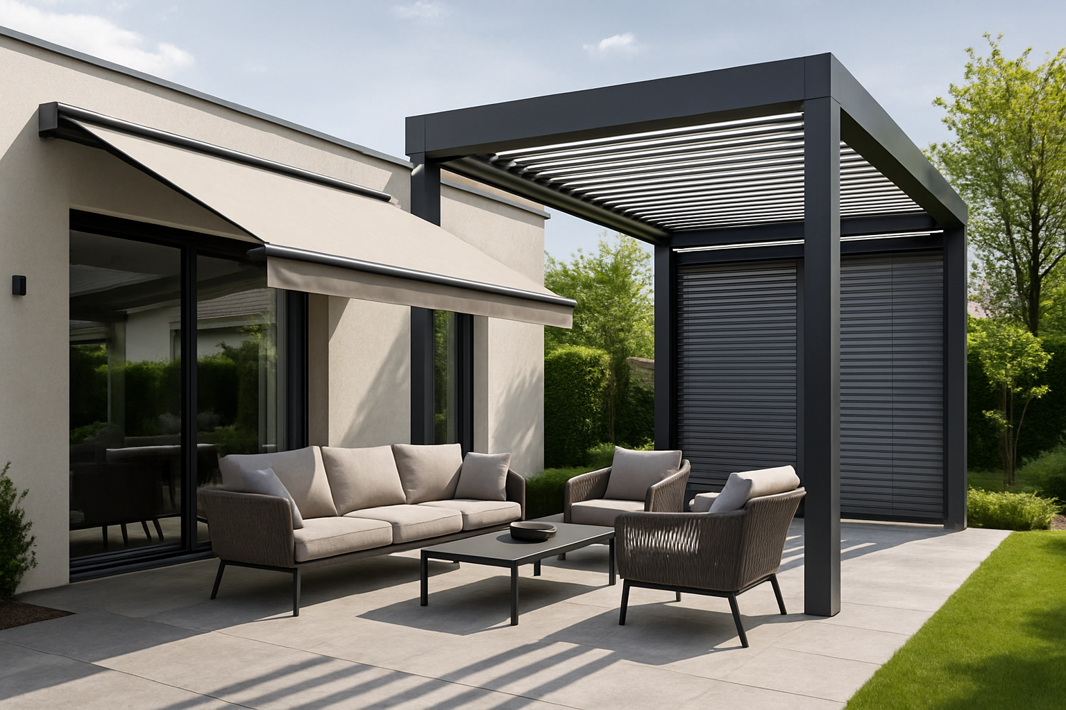 Pergola moderna com sistema de cobertura retrátil para área externa