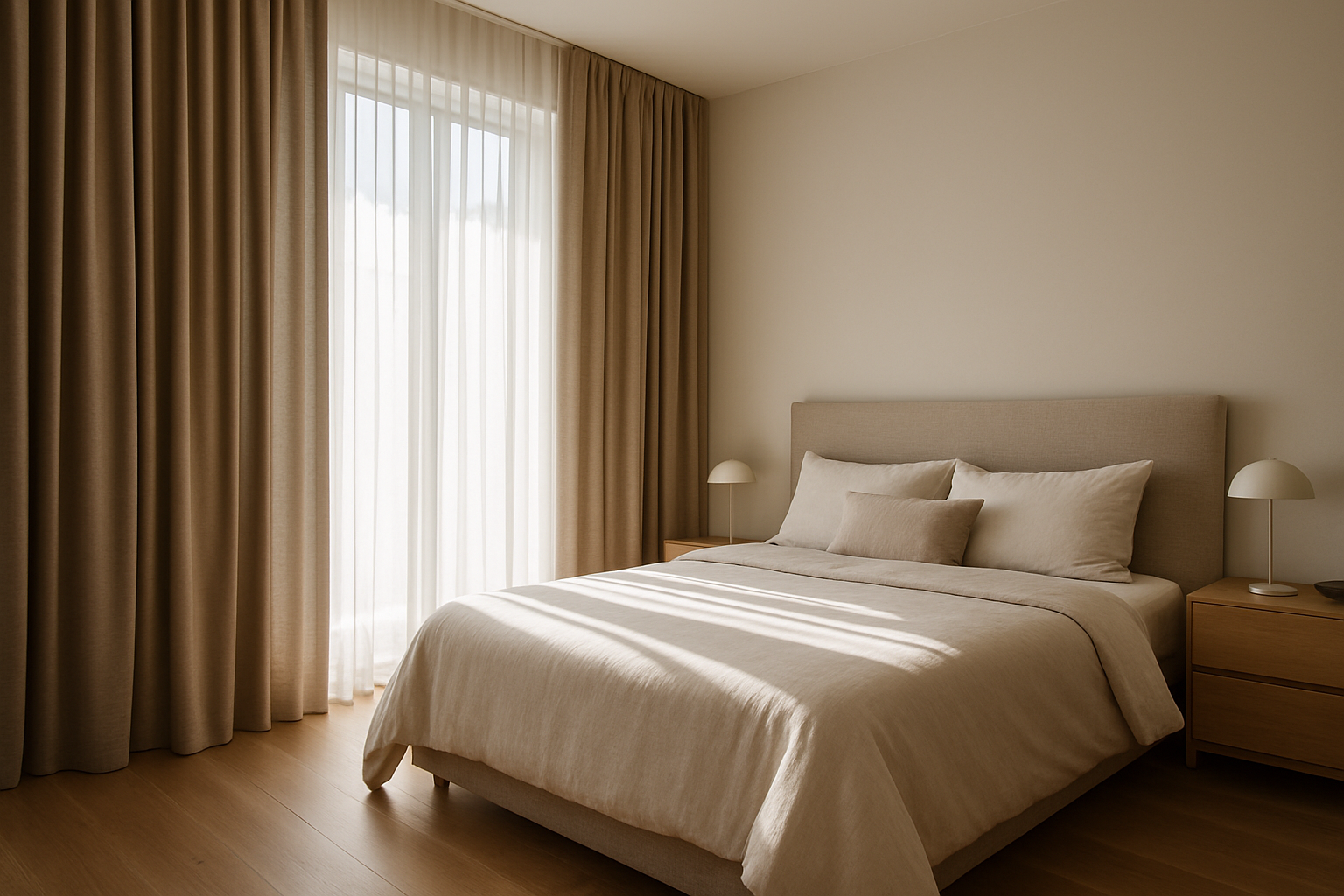 Quarto elegante com cortinas modernas de tecido